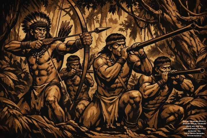 Indígenas cazando en la selva con armas rudimentarias (arcos y cervatanas).