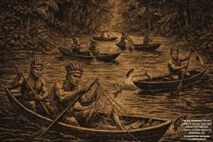 Indígenas pescando en el rio sobre canoas artesanales.