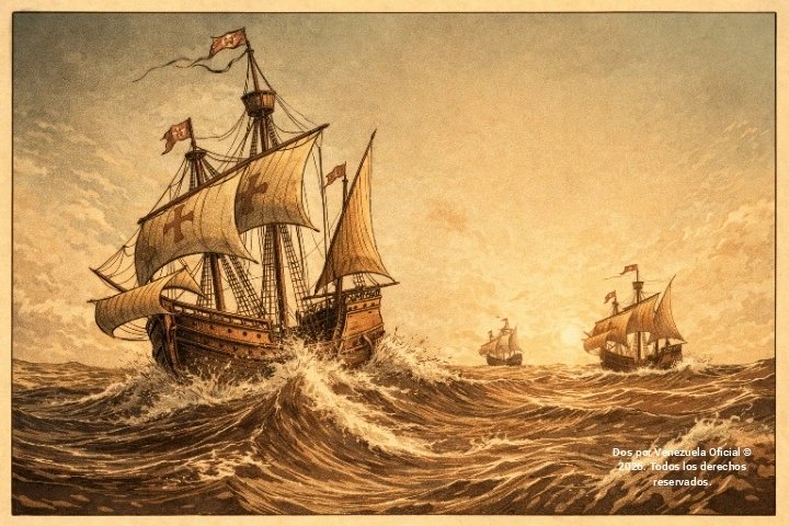 Calaberas españolas (Siglo XV) surcando el Atlántico, recreación. Dos por Venezuela Oficial © 2026. Todos los derechos reservados.