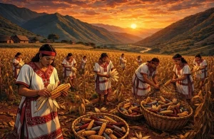 Indígenas en la cosecha del maiz.