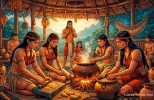 Indigenas en la preparación de alimentos a base de maiz.