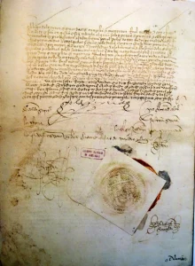 Ratificación por Isabel I de Castilla de las pazes firmadas con Portugal ( Tratado de Alcaçovas ) para poner fin a la Guerra de Sucesión Castellana . Firmada en Trujillo el 27 de septiembre de 1479. Conservada en el Archivo General de Simancas (España).