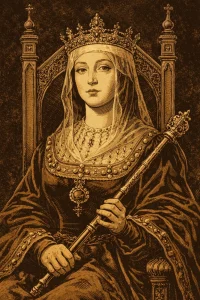 Juana ‘La Beltraneja’ sentada en su trono con corona y báculo, retrato sepia estilo siglo XV. Dos por Venezuela Oficial © 2026. Licencia CC BY-NC-ND 4.0 Internacional.