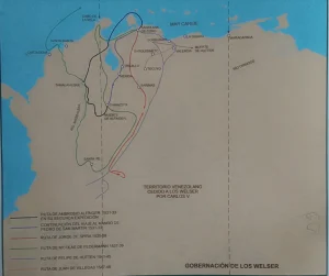 Mapa de las rutas exploratorias de los Welser. (p. 96) Pino Iturrieta, E. (Coord.). (2006). Historia Global de Venezuela: Vol. I. Venezuela Precolombina y época colonial. Editorial Globe. ISBN 980-6427-14-9. Depósito Legal: lf 816200590052.A. CC-BY-NC-ND 4.0