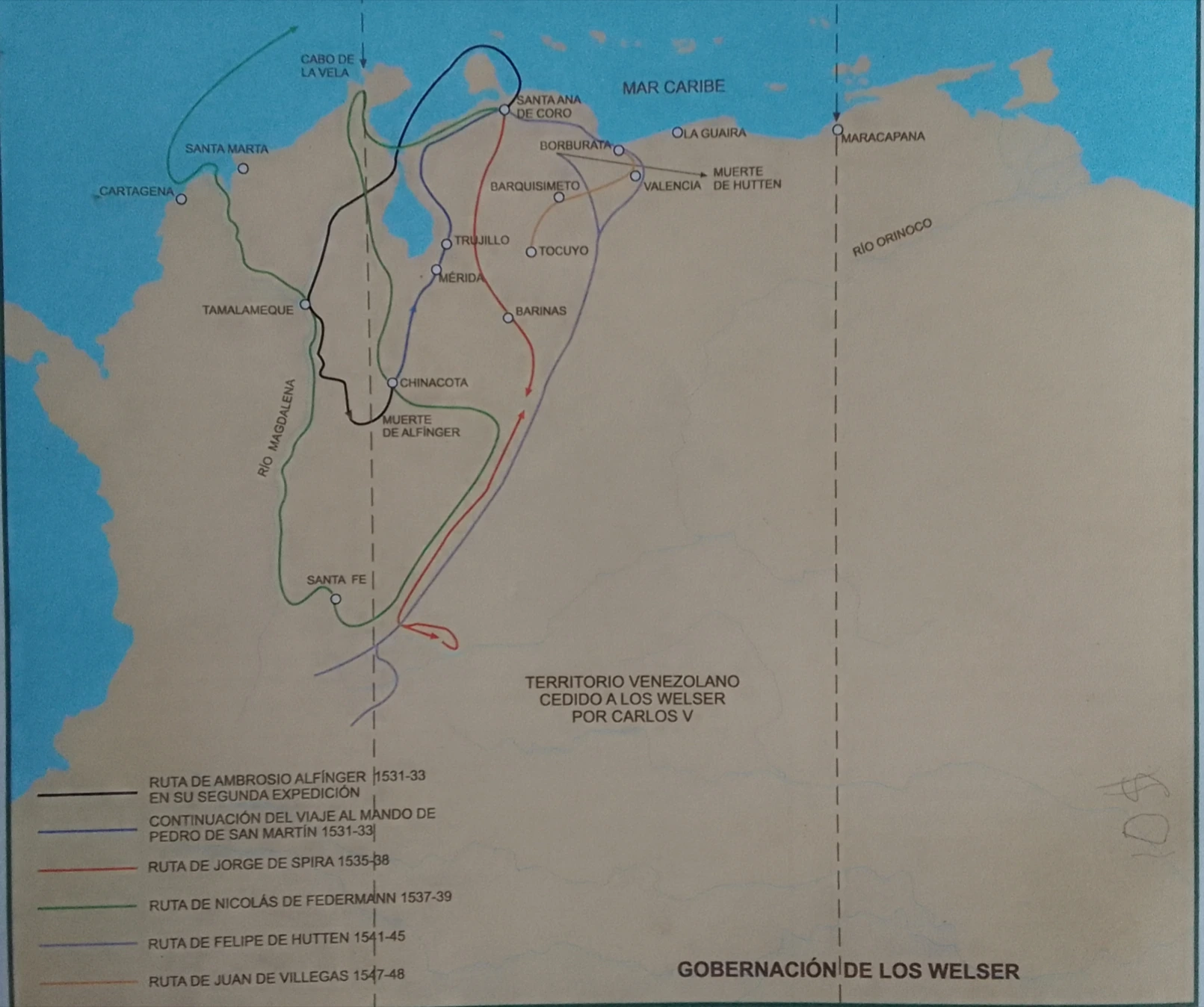 Mapa de las rutas exploratorias de los Welser.
