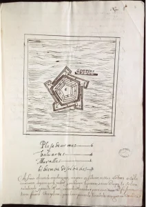 Planta para un reducto en la isleta de Gibraltar, en la laguna de Maracaibo. 1642. ES.41091.Archivo General de Indias//MP-VENEZUELA,27. CC-BY-NC-ND 4.0.