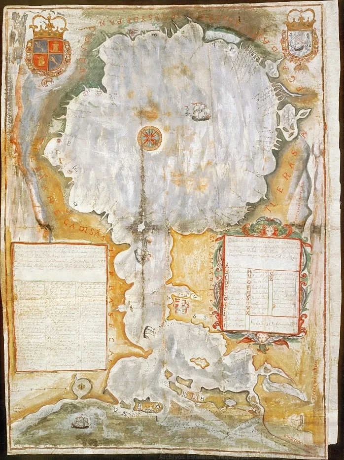 Descripción de la laguna de la ciudad de Maracaibo, sacada por escala plana y petipie de leguas castellanas, con las ciudades, pueblos, valles, puertos, barras, fuerzas y castillos que encierra en sí por el ABC". Mapa de la laguna de Maracaibo -VENEZUELA,286. 1699. ES.41091. Archivo General de Indias//MP-VENEZUELA,286. CC-BY-NC-ND 4.0