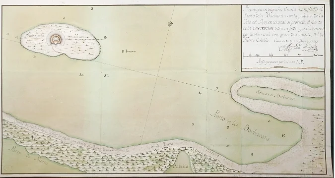 Plano que en pequeña escala manifiesta el puerto de la Burburata, con la posición de la isla del Rey, en la cual se proyecta el fuerte de la Concepción para impedir que los enemigos fondeen en él con gran detrimento del de Puerto Cabello". Plano del puerto de Borburata, en Puerto Cabello - VENEZUELA,176. 1774. ES.41091.Archivo General de Indias AGI//MP-VENEZUELA,176.