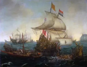 Un buque holandés destruye un barco español. Rijksmuseum, Amsterdam. Álbum de las galerías de pinturas de los países bajos: Bruselas, Amberes, Hospital de San Juan, en Brujas y... Hernann Voss. Barcelona, 1926. (p. 177) Pino Iturrieta, E. (Coord.). (2006). Historia Global de Venezuela: Vol. I. Venezuela Precolombina y época colonial. Editorial Globe. ISBN 980-6427-14-9. Depósito Legal: lf 816200590052.A. CC-BY-NC-ND 4.0