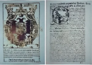 Reproducción de la portada y de una página de la compilación de Leyes y Ordenanzas para las Indias ordenada por el emperador Carlos V en 1543, donde se establecen las normas que regían los sistemas de encomiendas, repartimiento a y mitad. Biblioteca Nacional. Madrid. CC-BY-NC-ND 4.0