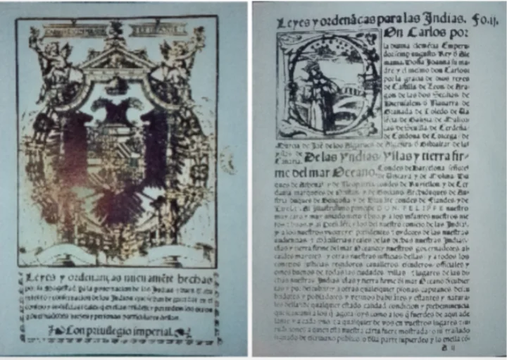 Reproducción de la portada y de una página de la compilación de Leyes y Ordenanzas para las Indias ordenada por el emperador Carlos V en 1543, donde se establecen las normas que regían los sistemas de encomiendas, repartimiento a y mitad. Biblioteca Nacional. Madrid. CC-BY-NC-ND 4.0