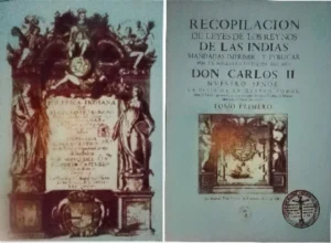 Portadas de Política Indiana (1647), por Juan de Solorzano, y Recopilación de leyes de los reinos de las Indias (1681), ordenada por Carlos II. Biblioteca Nacional. Madrid. CC-BY-NC-ND 4.0