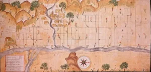 Fragmento del plano del pueblo de San Juan de Maracapana y de las tierras repartidas a los indios del mismo. 1703. Archivo General de Indias. (p. 131) Pino Iturrieta, E. (Coord.). (2006). Historia Global de Venezuela: Vol. I. Venezuela Precolombina y época colonial. Editorial Globe. ISBN 980-6427-14-9. Depósito Legal: lf 816200590052.A. CC-BY-NC-ND 4.0