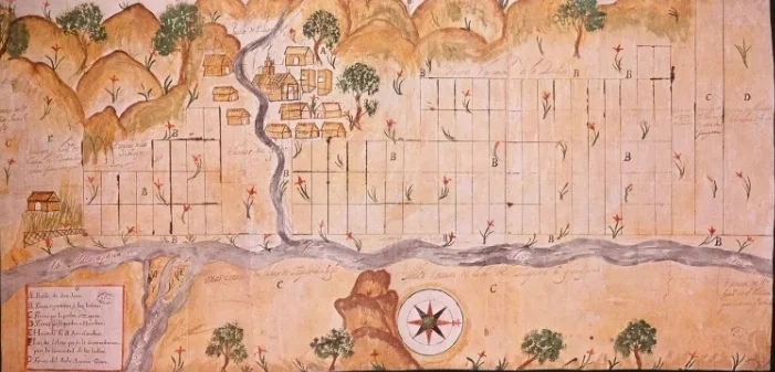 Fragmento del plano del pueblo de San Juan de Maracapana y de las tierras repartidas a los indios del mismo. 1703. Archivo General de Indias. (p. 131) Pino Iturrieta, E. (Coord.). (2006). Historia Global de Venezuela: Vol. I. Venezuela Precolombina y época colonial. Editorial Globe. ISBN 980-6427-14-9. Depósito Legal: lf 816200590052.A. CC-BY-NC-ND 4.0