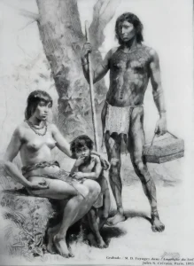 Familia indígena. Grabado. M. D. Voyages dans L'Amerique du Sud. Jules N. Crevaux. Paris, 1883. (p. 16) Pino Iturrieta, E. (Coord.). (2006). Historia Global de Venezuela: Vol. I. Venezuela Precolombina y época colonial. Editorial Globe. ISBN 980-6427-14-9. Depósito Legal: lf 816200590052.A. CC-BY-NC-ND 4.0