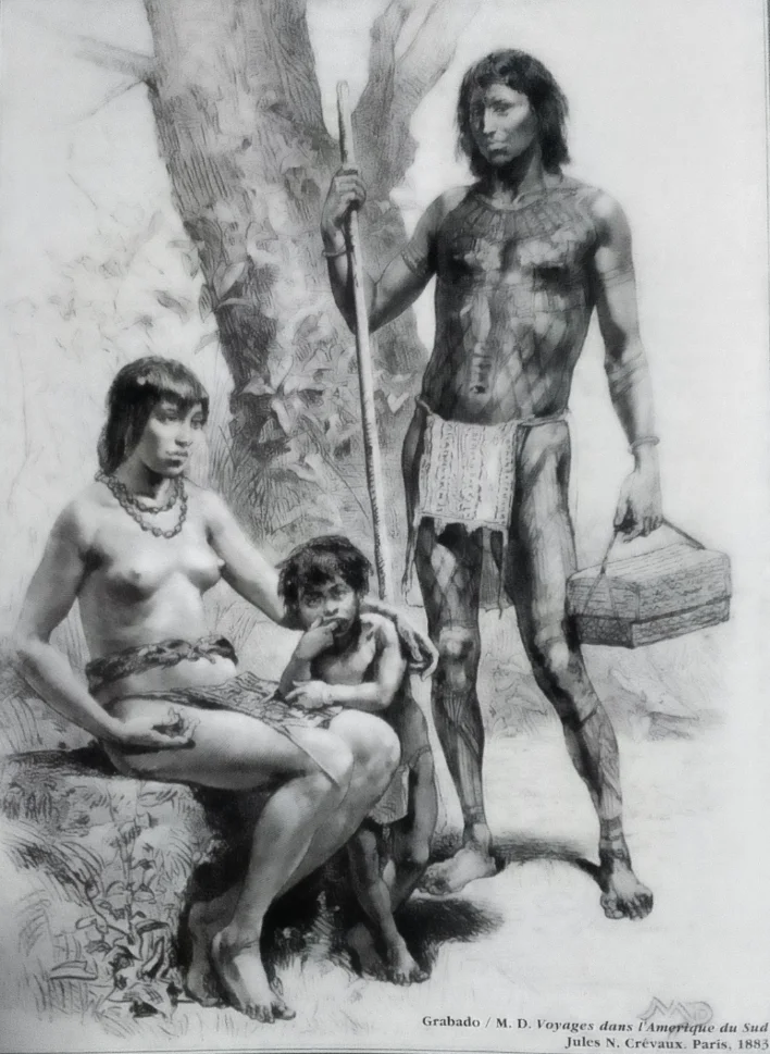 Familia indígena. Grabado. M. D. Voyages dans L'Amerique du Sud. Jules N. Crevaux. Paris, 1883. (p. 16) Pino Iturrieta, E. (Coord.). (2006). Historia Global de Venezuela: Vol. I. Venezuela Precolombina y época colonial. Editorial Globe. ISBN 980-6427-14-9. Depósito Legal: lf 816200590052.A. CC-BY-NC-ND 4.0