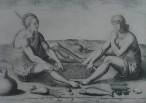 «La manera como suelen comer». Grabado. Grands Voyages - Americae, 1618 - 1630. Theodore de Bry. (p. 32) Pino Iturrieta, E. (Coord.). (2006). Historia Global de Venezuela: Vol. I. Venezuela Precolombina y época colonial. Editorial Globe. ISBN 980-6427-14-9. Depósito Legal: lf 816200590052.A. CC-BY-NC-ND 4.0