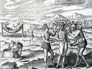 «La leyenda de los Caciques dorados». Grabado. Grands Voyages - Americae, 1590 - 1619. Theodore de Bry. (p. 101) Pino Iturrieta, E. (Coord.). (2006). Historia Global de Venezuela: Vol. I. Venezuela Precolombina y época colonial. Editorial Globe. ISBN 980-6427-14-9. Depósito Legal: lf 816200590052.A. CC-BY-NC-ND 4.0