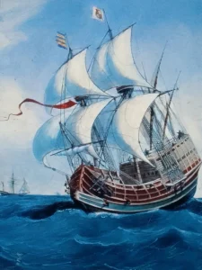 Galeón holandés. Finales del Siglo XVI. (Según grabado de la época). Matham. Museo Naval de Madrid. España. (p. 146) Pino Iturrieta, E. (Coord.). (2006). Historia Global de Venezuela: Vol. I. Venezuela Precolombina y época colonial. Editorial Globe. ISBN 980-6427-14-9. Depósito Legal: lf 816200590052.A. CC-BY-NC-ND 4.0