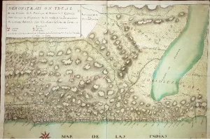 "Demostración ideal de una porción de la provincia de Venezuela o Caracas, para reconocer la disposición de los límites de las predicciones de Caracas, Valencia, San Sebastián y la villa de Cura". Mapa parcial de la provincia de Venezuela. Signatura: MP-VENEZUELA, 94 Fecha Creación:Probable 1734 Código de Referencia: ES.41091. AGI/6.4.30//MP-VENEZUELA,94 Archivo General de Indias.