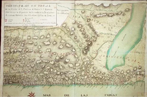 ‎"Demostración ideal de una porción de la provincia de Venezuela o Caracas, para reconocer la disposición de los límites de las predicciones de Caracas, Valencia, San Sebastián y la villa de Cura". Mapa parcial de la provincia de Venezuela. Signatura: MP-VENEZUELA, 94 ‎Fecha Creación:Probable 1734 ‎Código de Referencia: ES.41091. ‎AGI/6.4.30//MP-VENEZUELA,94 ‎Archivo General de Indias.
