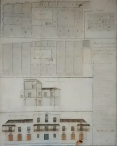 Planos, perfil y vista de la casa - factoría que tiene la Real Compañía de Filipinas en la plaza de La Guaira (anteriormente Compañía Guipúzcoana). 1791. Archivo General de Indias. Sevilla. CC-BY-NC-ND 4.0
