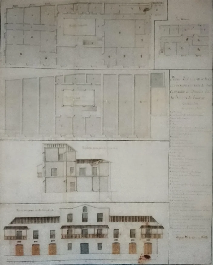 Planos, perfil y vista de la casa - factoría que tiene la Real Compañía de Filipinas en la plaza de La Guaira (anteriormente Compañía Guipúzcoana). 1791. Archivo General de Indias. Sevilla. CC-BY-NC-ND 4.0