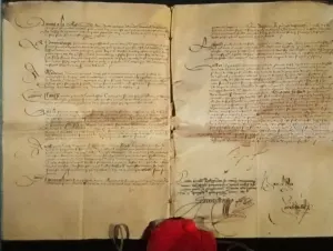 Tratado de Cateau - Cambrésis. Firmado por Felipe II de España y Enrique II de Francia con el propósito de poner fin al estado de guerra permanente entre ambos estados. Manuscrito, 1559. (p. 180) Pino Iturrieta, E. (Coord.). (2006). Historia Global de Venezuela: Vol. I. Venezuela Precolombina y época colonial. Editorial Globe. ISBN 980-6427-14-9. Depósito Legal: lf 816200590052.A. CC-BY-NC-ND 4.0