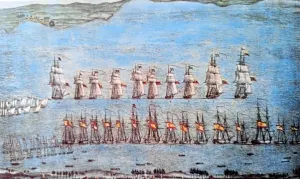 Batalla naval del lago de Maracaibo. Grabado de Ambroise - Louis Garneray. Litografía por Langlumé, c. 1824. Museo Bolivariano. Caracas. CC-BY-NC-ND 4.0