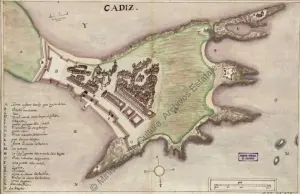 Plano de Cádiz (ciudad y puerto españoles). 1609. Dibujo en tinta y colores. Archivo General de Simancas. España. CC-BY-NC-ND 4.0