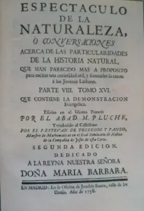 Portada de la traducción al español de Espectáculo de la naturaleza (ed. 1758). M. Pluche. CC-BY-NC-ND 4.0